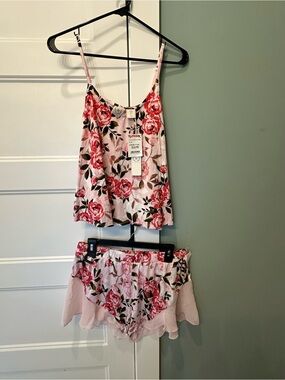 T.J.Maxx Pink Floral Satin Cami & Ruffle Shorts Sleep Set